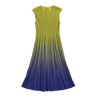 GRINE long pleated dress with a yellow to purple gradient effect, sleeveless with a slight shoulder structure.