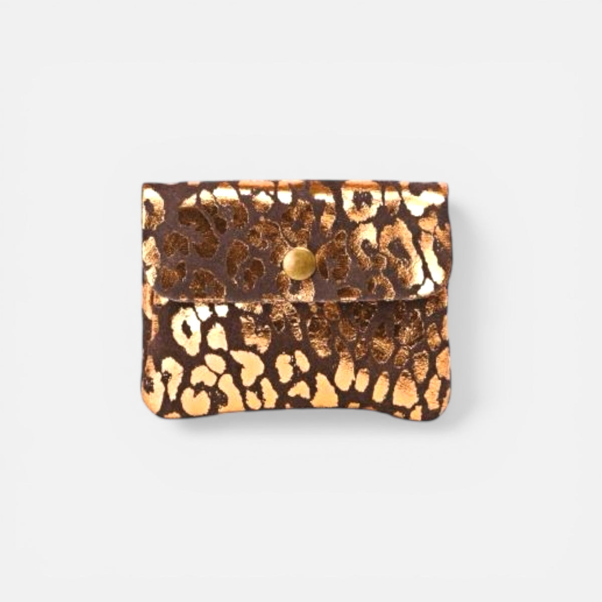 Porta-moedas GRINE em camurça castanha com padrão animal print dourado e fecho de mola metálico