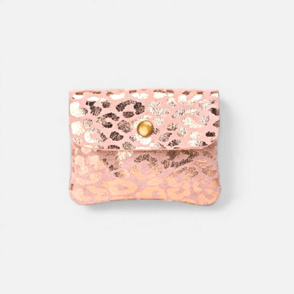 Porta-moedas GRINE em camurça rosa com padrão animal print dourado e fecho de botão metálico