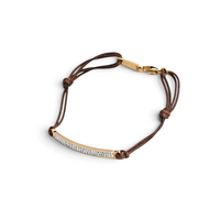Pulseira GRINE ajustável em aço inoxidável dourado com barra de brilhantes e cordão castanho