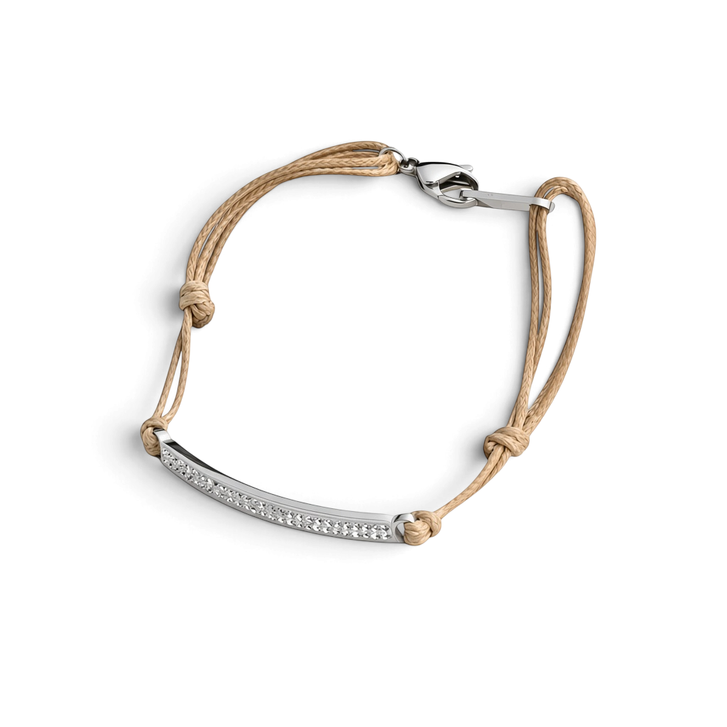Pulseira GRINE ajustável em aço inoxidável prateado com barra decorada com brilhantes e cordão bege