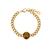 Pulseira GRINE em aço inoxidável dourado com elos de corrente e pedra castanha central redonda e ajustável