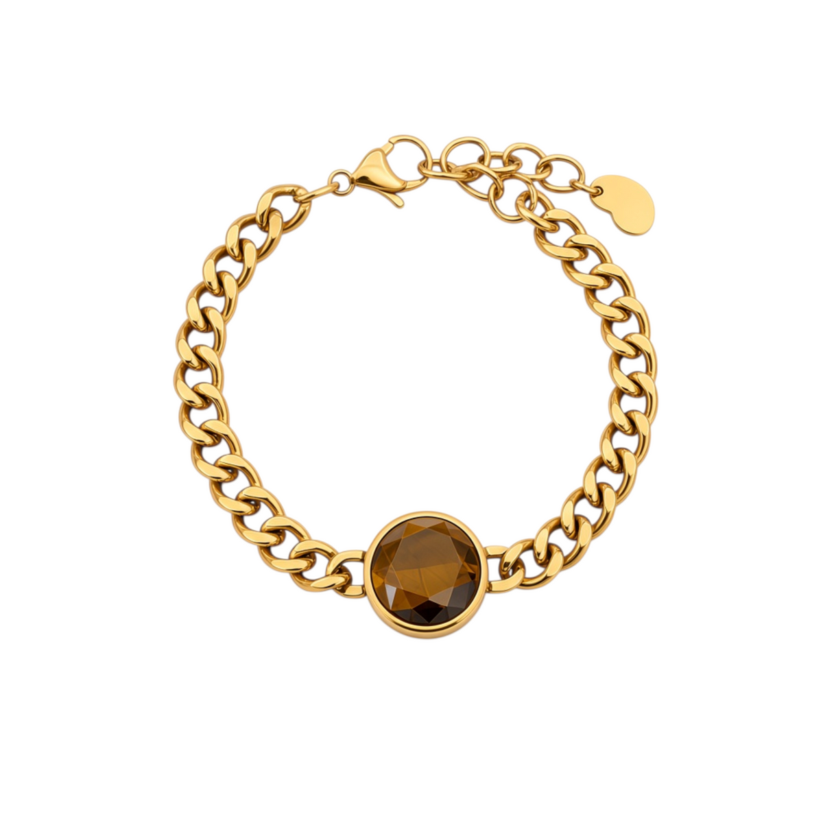 Pulseira GRINE em aço inoxidável dourado com elos de corrente e pedra castanha central redonda e ajustável