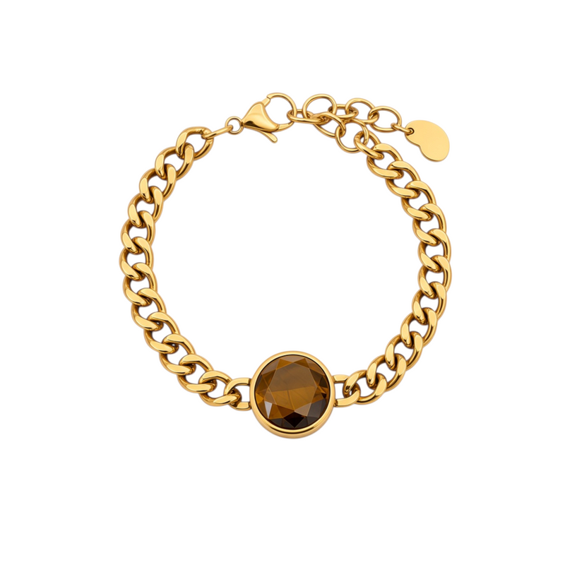 Pulseira GRINE em aço inoxidável dourado com elos de corrente e pedra castanha central redonda e ajustável