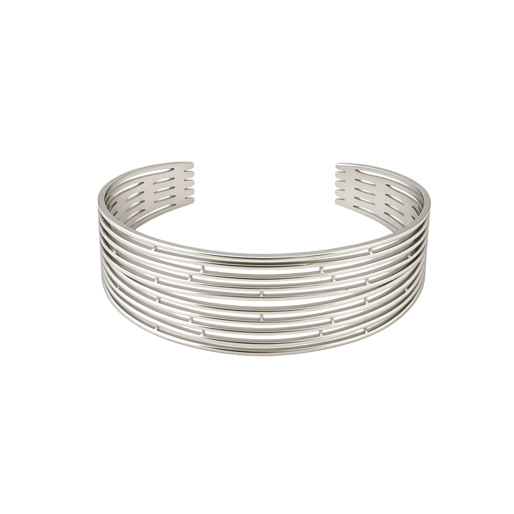 Pulseira GRINE em aço inoxidável polido com design de múltiplas linhas horizontais e estilo minimalista ajustável