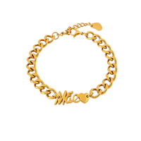 Pulseira GRINE de malha grossa em aço inoxidável dourado com a palavra Mãe e um pequeno coração
