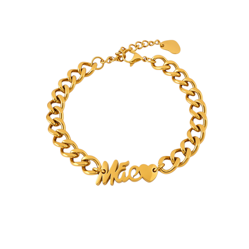 Pulseira GRINE de malha grossa em aço inoxidável dourado com a palavra Mãe e um pequeno coração