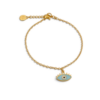 Pulseira GRINE de corrente fina em aço inoxidável dourado com pendente de olho em esmalte azul claro