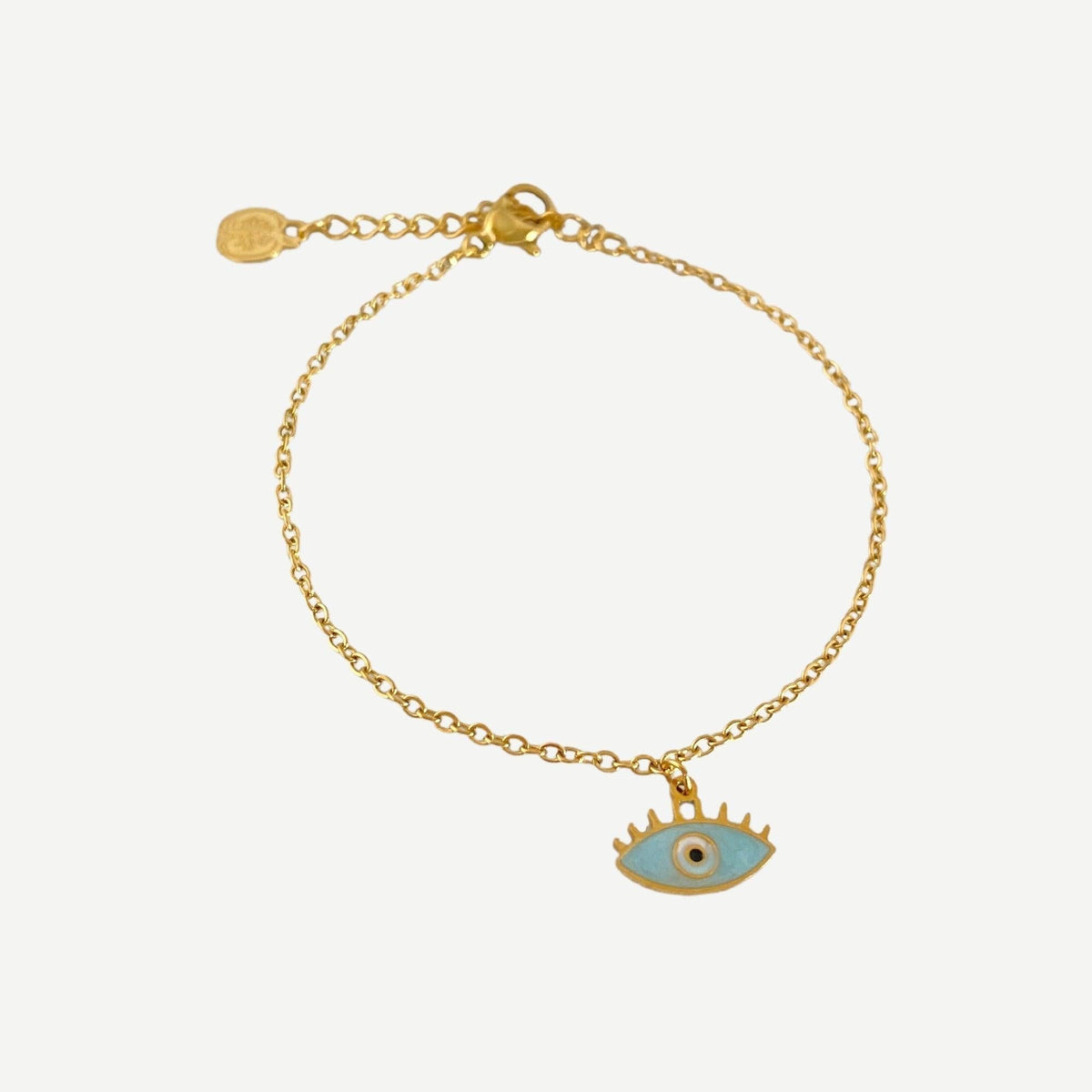 Pulseira GRINE de corrente fina em aço inoxidável dourado com pendente de olho em esmalte azul claro