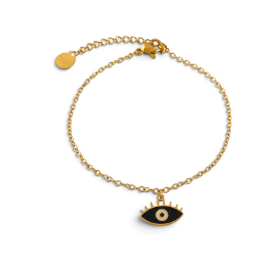 Pulseira GRINE de corrente fina em aço inoxidável dourado com pendente de olho esmaltado em preto