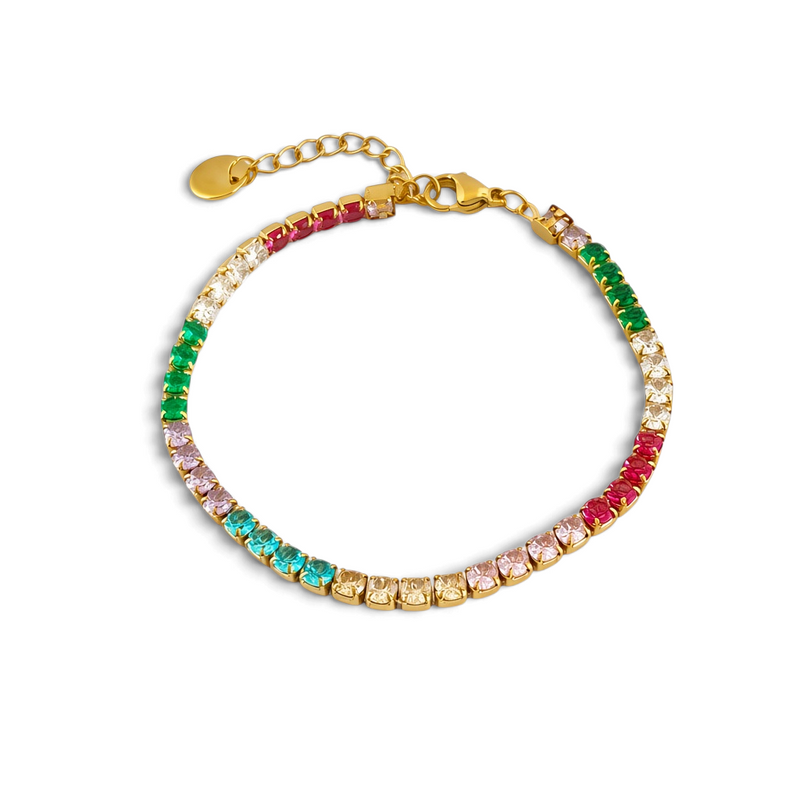 Pulseira GRINE em aço inoxidável dourado com strass coloridos e fecho ajustável