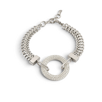 Pulseira Circle GRINE em aço inoxidável prateado com pendente circular cravejado de strass brilhantes