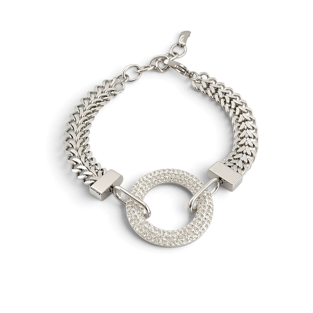 Pulseira Circle GRINE em aço inoxidável prateado com pendente circular cravejado de strass brilhantes