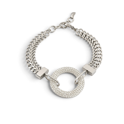 Pulseira Circle GRINE em aço inoxidável prateado com pendente circular cravejado de strass brilhantes