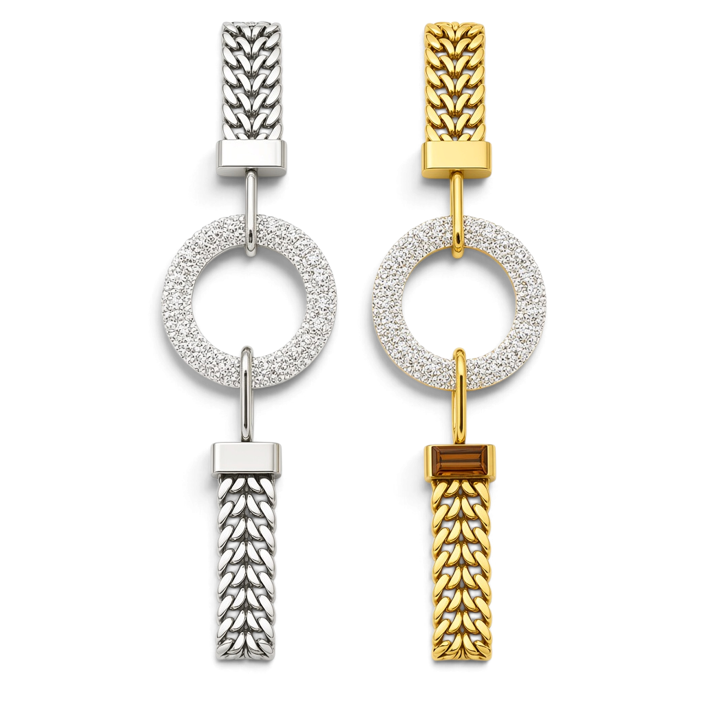 Pulseira Circle GRINE em aço inoxidável prateado e dourado com pendente circular cravejado de strass brilhantes