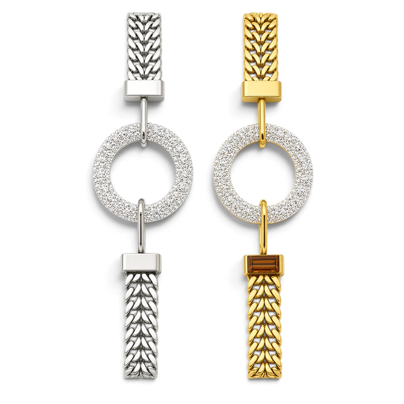 Pulseira Circle GRINE em aço inoxidável prateado e dourado com pendente circular cravejado de strass brilhantes