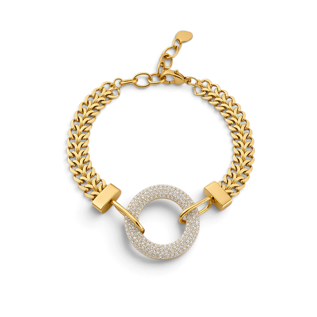 Pulseira GRINE Circle em aço inoxidável dourado com elos de corrente e pendente circular cravejado de strass