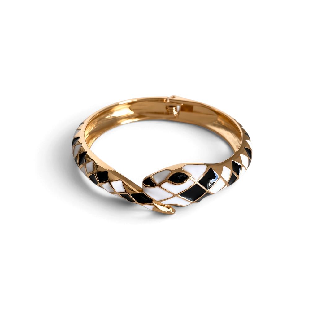 Pulseira rígida GRINE em forma de cobra com padrão geométrico esmaltado em preto e branco e acabamento dourado.