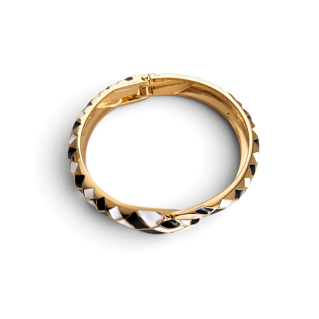 Pulseira rígida GRINE com padrão geométrico em esmalte preto e branco sobre base dourada e fecho de mola.