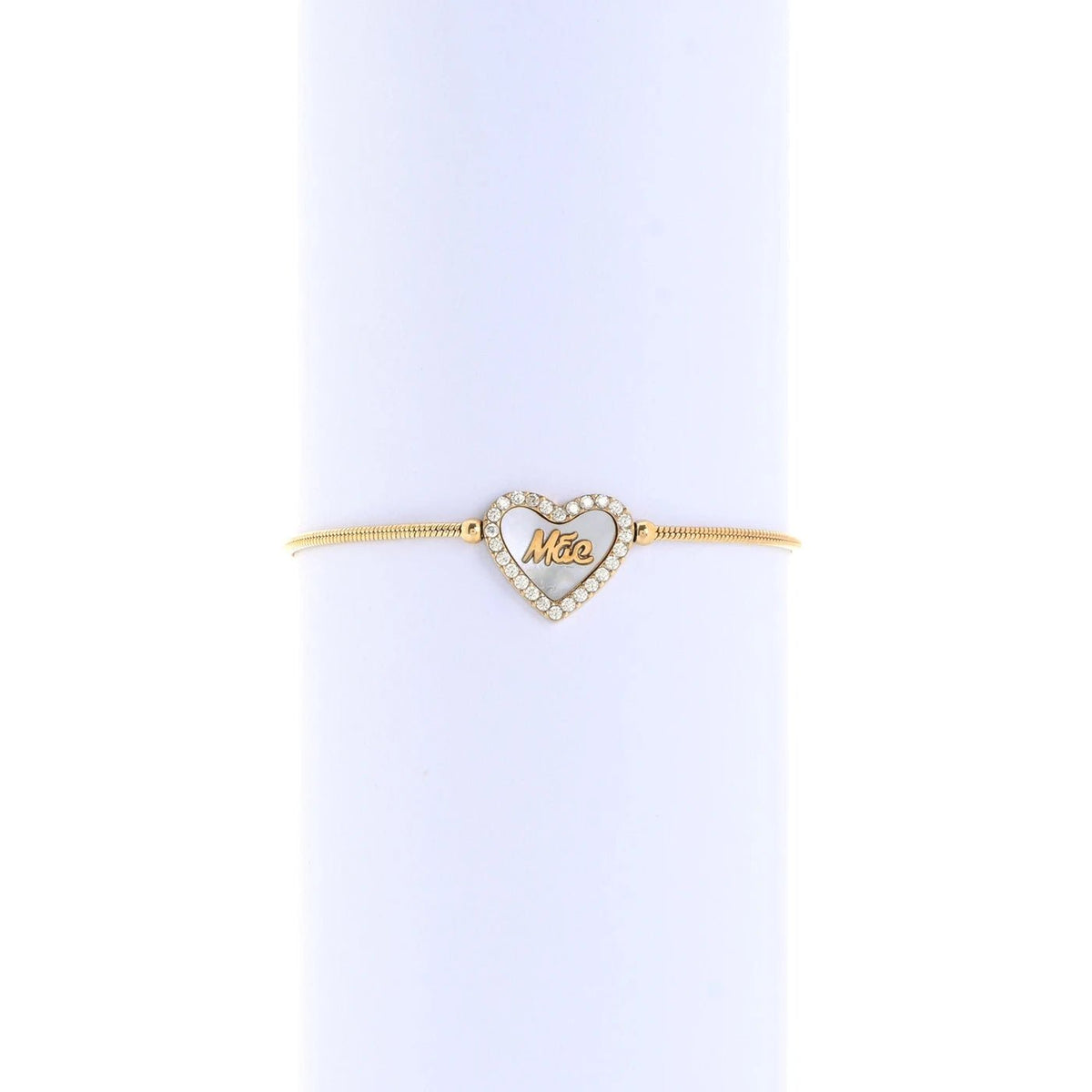 Pulseira GRINE ajustável em aço inoxidável dourado com pingente de coração em madrepérola e a palavra Mãe gravada