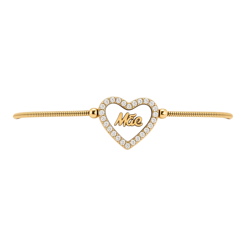 Pulseira GRINE ajustável em aço inoxidável dourado com pendente de coração em madrepérola e a palavra Mãe gravada.