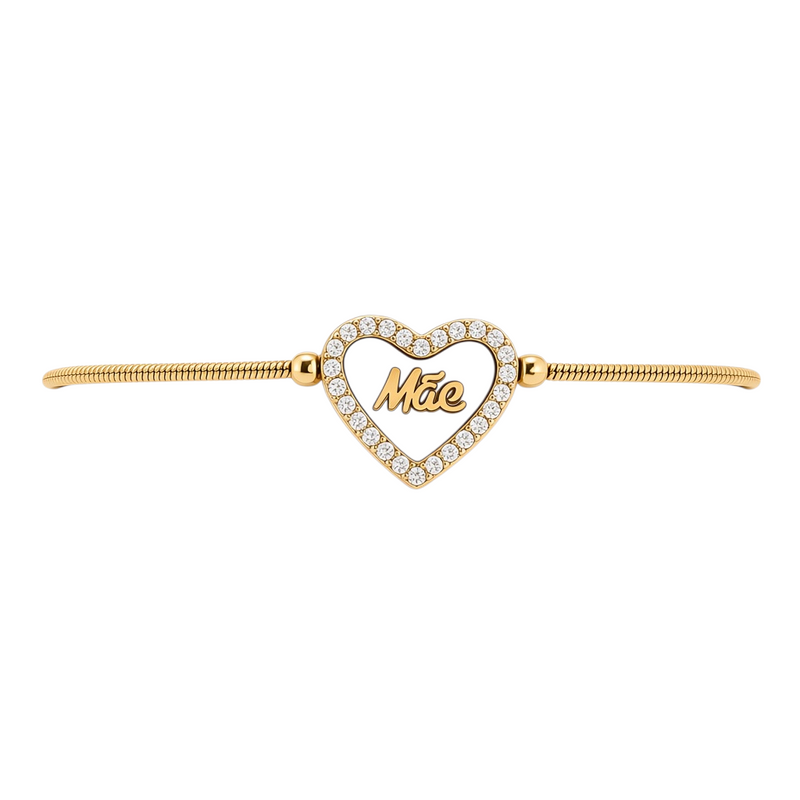 Pulseira GRINE ajustável em aço inoxidável dourado com pendente de coração em madrepérola e a palavra Mãe gravada.