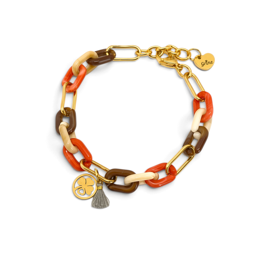 Pulseira GRINE de corrente em aço inoxidável dourado com elos de acrílico coloridos e pingente de trevo