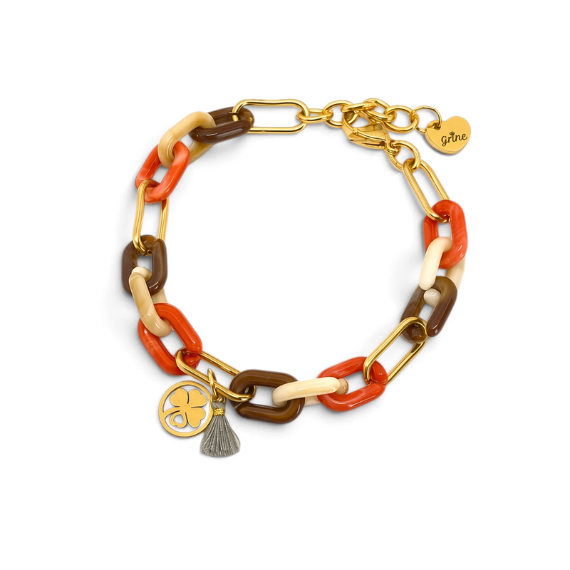 Pulseira GRINE de corrente em aço inoxidável dourado com elos de acrílico coloridos e pingente de trevo