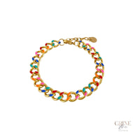 Pulseira GRINE de corrente em aço inoxidável dourado com elos detalhados em esmalte colorido vibrante
