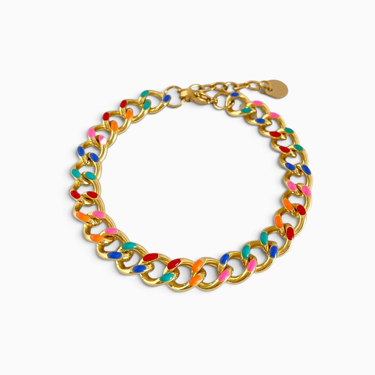 Pulseira GRINE de corrente em aço inoxidável dourado com detalhes em elos coloridos vibrantes