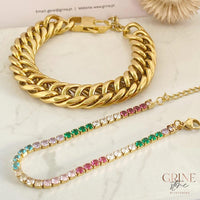Pulseira GRINE de corrente grossa dourada e pulseira fina com zircónias coloridas em aço inoxidável