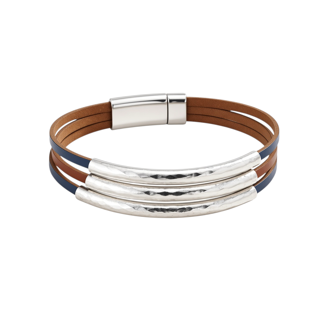 Pulseira Funky GRINE com tiras em pele sintética azul e castanha e detalhes em liga de zinco martelada com fecho magnético
