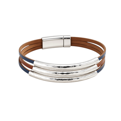 Pulseira Funky GRINE com tiras em pele sintética azul e castanha e detalhes em liga de zinco martelada com fecho magnético