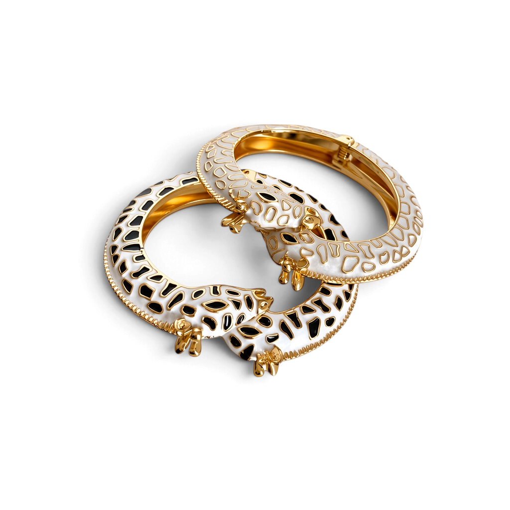 Pulseira rígida GRINE com padrão de girafa em esmalte preto e branco e detalhe dourado com abertura de mola.