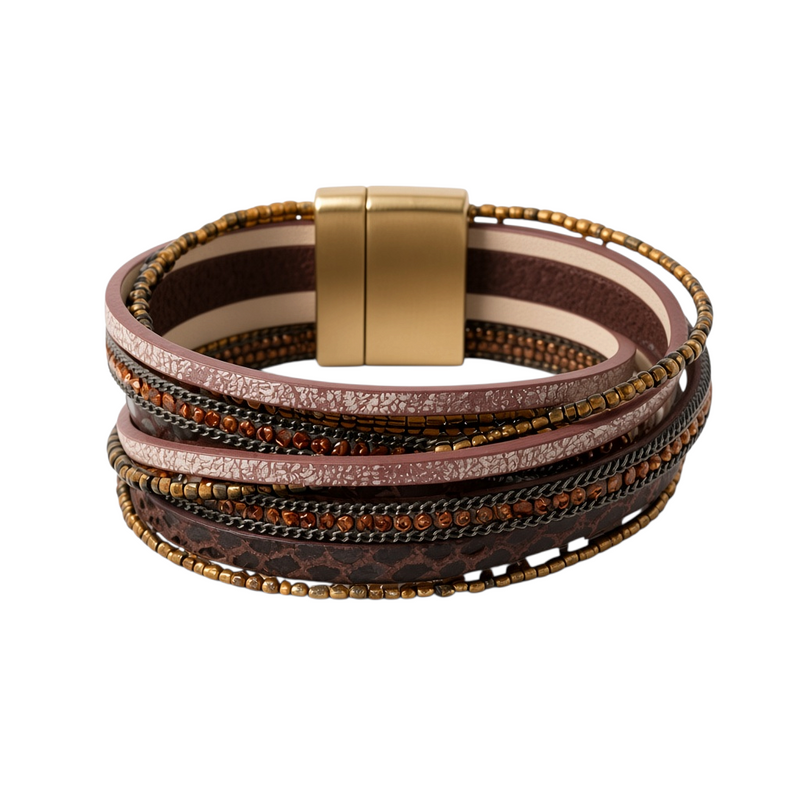 Pulseira GRINE Grizzly de duas voltas em tons castanhos com missangas, correntes e fecho magnético dourado