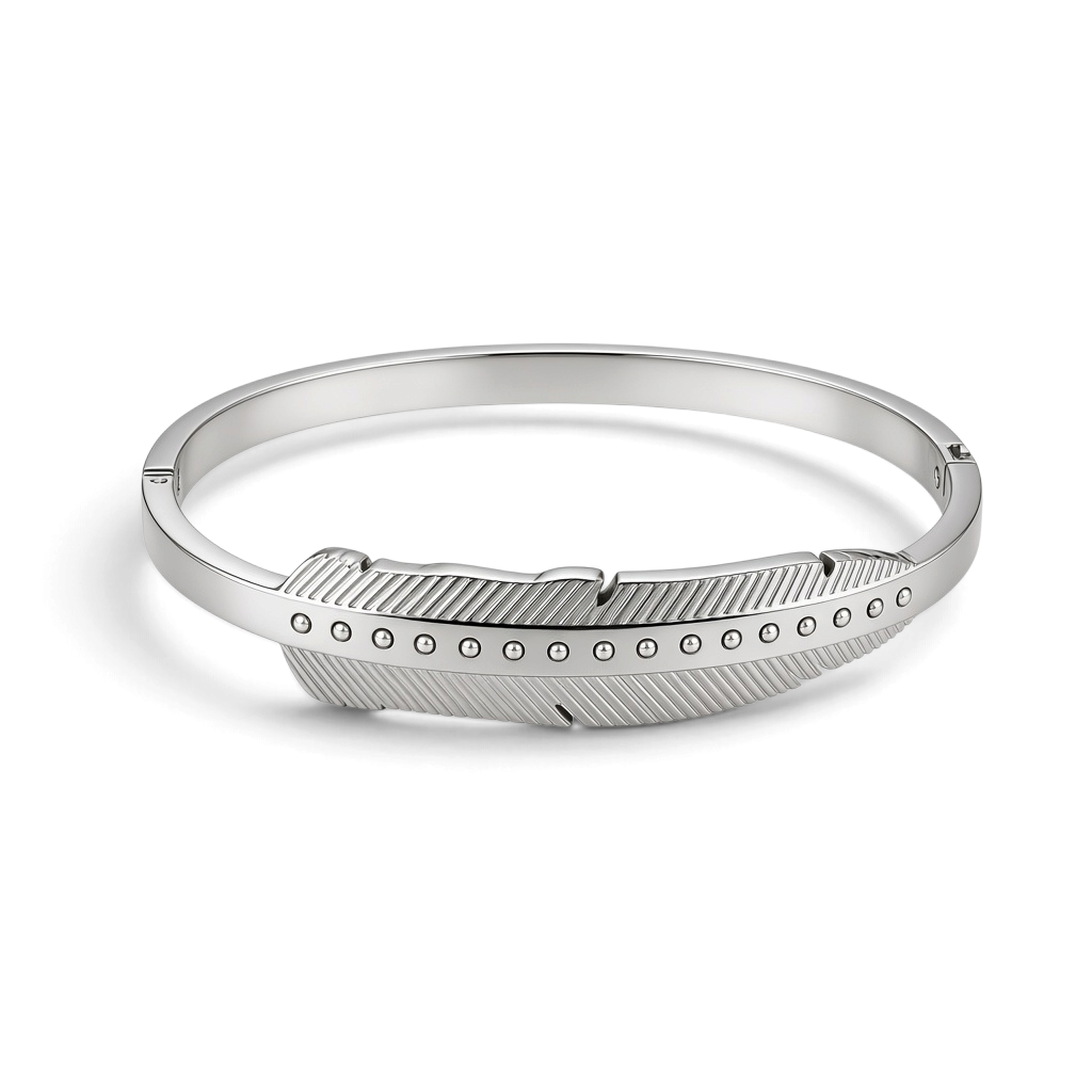 Pulseira GRINE Leaf em aço inoxidável prateado com detalhe de folha e strass, design ajustável e elegante.