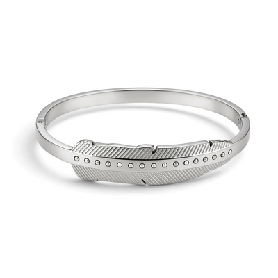 Pulseira GRINE Leaf em aço inoxidável prateado com detalhe de folha e strass, design ajustável e elegante.