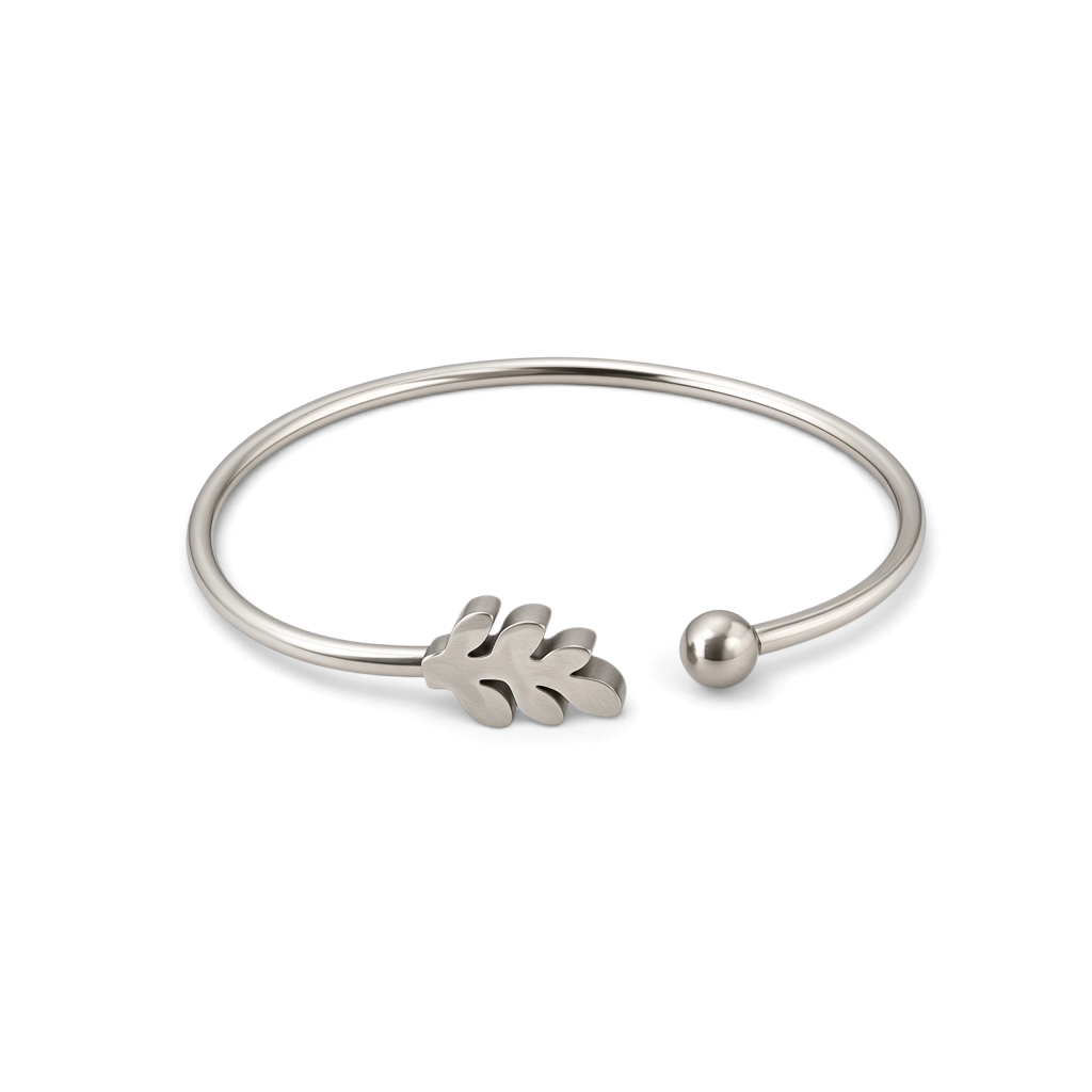 Pulseira rígida GRINE Leaf em aço inoxidável prateado com detalhe de folha e esfera nas extremidades