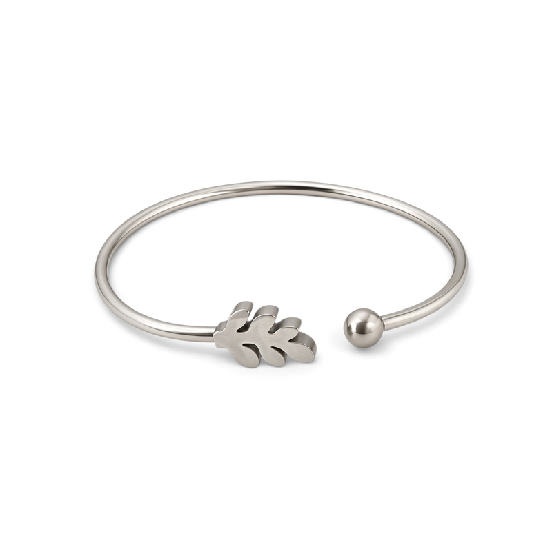 Pulseira rígida GRINE Leaf em aço inoxidável prateado com detalhe de folha e esfera nas extremidades
