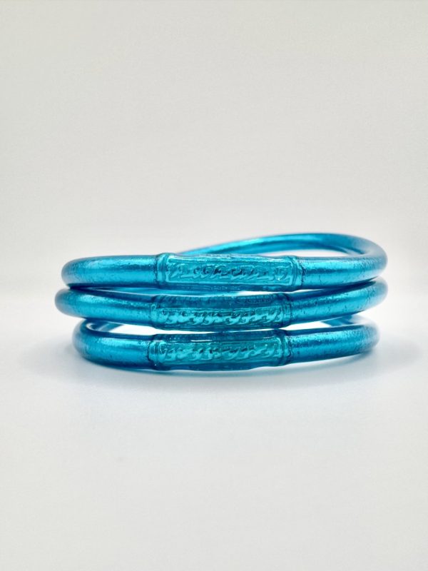 Pulseira GRINE lisa azul feita à mão com folha de ouro e conector de cobre com mantra budista de sorte e amor