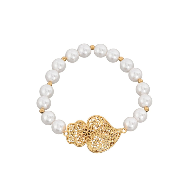 Pulseira GRINE de pérolas de água doce com pendente de Coração de Viana em banho de ouro e elástico