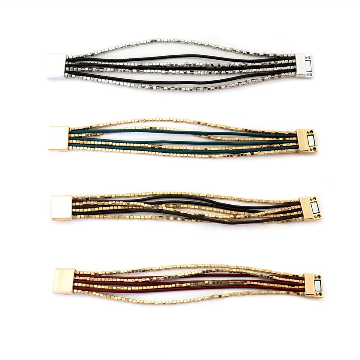 Quatro pulseiras GRINE Phuket com cordões de pele, contas metálicas e fecho magnético em várias cores.