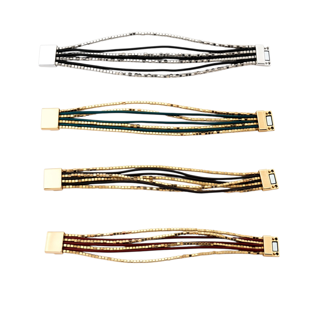 Pulseira Phuket GRINE com cordões de pele e contas metálicas, disponível em várias cores com fecho magnético.