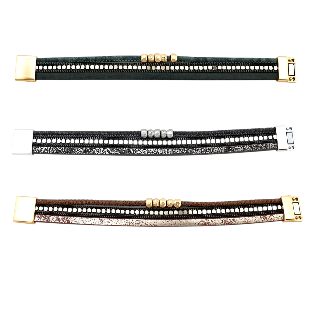 Pulseira Siberian GRINE em couro sintético com fecho magnético e adornos metálicos, disponível em verde, preto e castanho