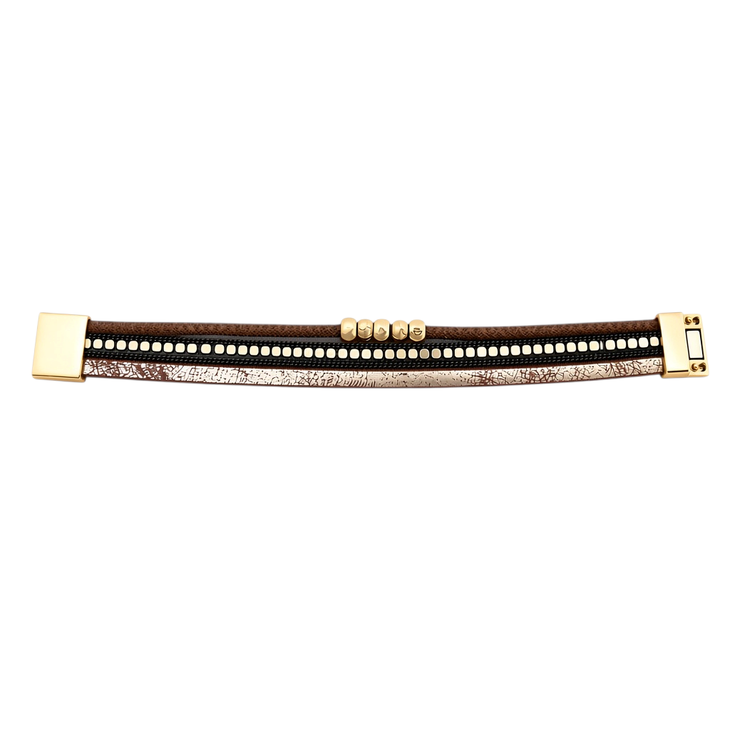 Pulseira GRINE Siberian em couro sintético castanho e preto com detalhes em liga de zinco dourada e fecho magnético.