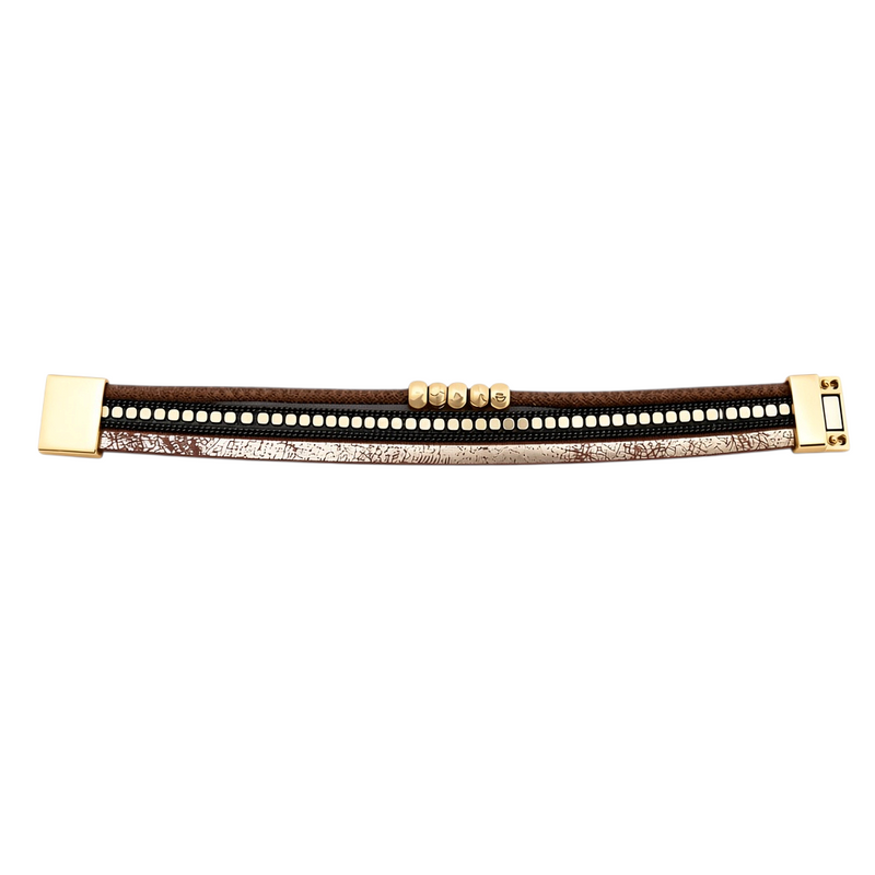 Pulseira GRINE Siberian em couro sintético castanho e preto com detalhes em liga de zinco dourada e fecho magnético.