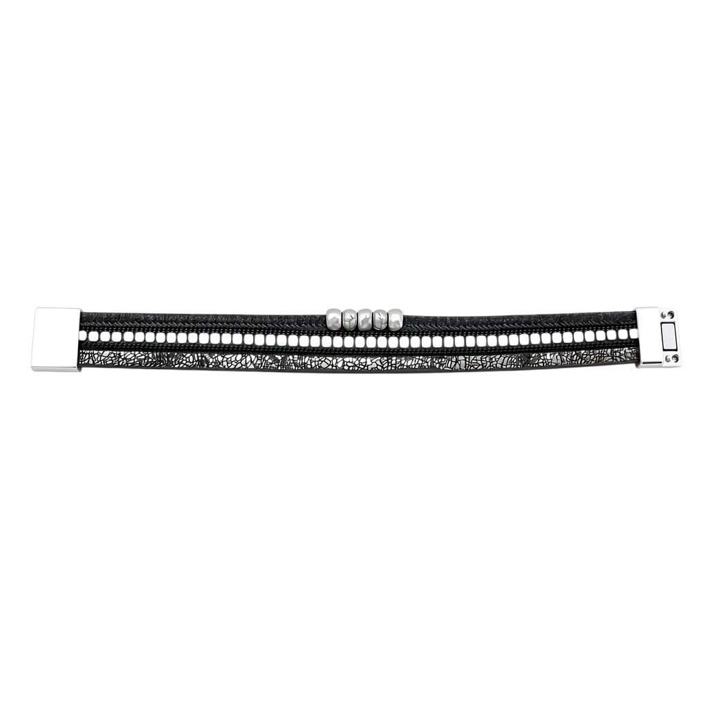 Pulseira GRINE Siberian preta em couro sintético com detalhes em liga de zinco e fecho magnético prateado.