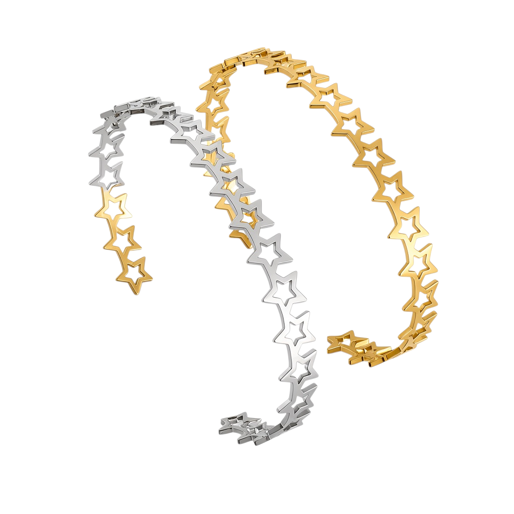 Pulseira GRINE Stars em aço inoxidável 304, disponível em tons dourado e prateado com design de estrelas ajustável.