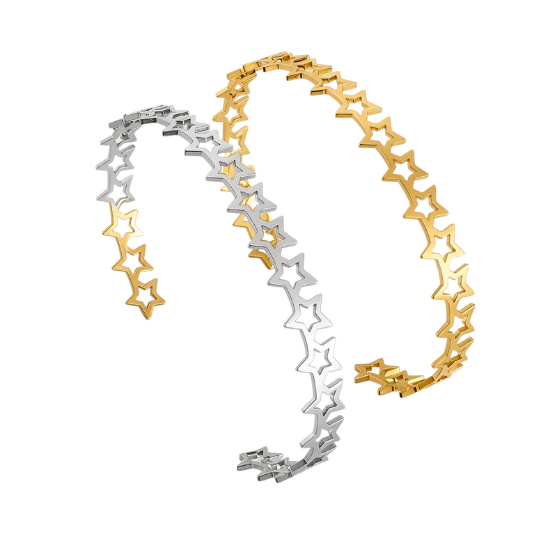 Pulseira GRINE Stars em aço inoxidável 304, disponível em tons dourado e prateado com design de estrelas ajustável.