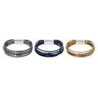 Conjunto de três pulseiras GRINE Tami em pele sintética com cristais e fecho magnético nas cores cinzento, azul e dourado